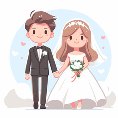 Charming Cartoon Illustration of a Newly Married Couple Holding Hands