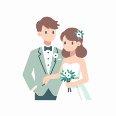 Obraz premium Elegantly illustrated wedding couple in classic attire, isolated on white background