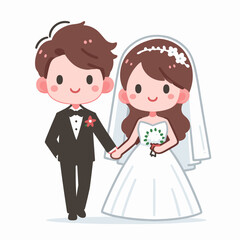 Chibi Style Wedding Couple Illustration in Formal Attire Holding Hands