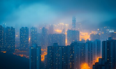 Fototapeta premium Hong Kong Skyline at Night: An Enchanting View Through the Misty Haze
