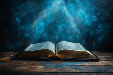 Open Bible on a Table with Divine Light Rays Symbolizing God's Word