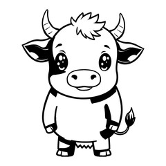 Fototapeta premium Cute Kawaii Chibi Cow Cartoon Character in Black and White Detailed Outline Line Art Drawing