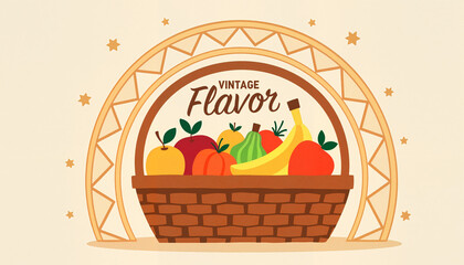Colorful fruit basket illustration with vintage style, classic charm