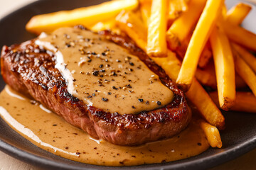 Asymmetrical steak au poivre with crispy fries