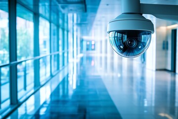 Surveillance camera monitors activity in modern hallway of a commercial building during daylight hours