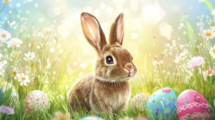 Fototapeta premium Bunny amid Easter eggs in a grassy, flowered meadow under a bokeh-lit, bright sky