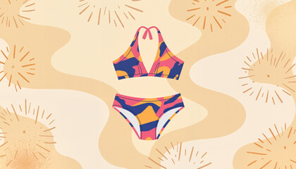 Vibrant bikini design with geometric patterns on sandy background, summer fashion