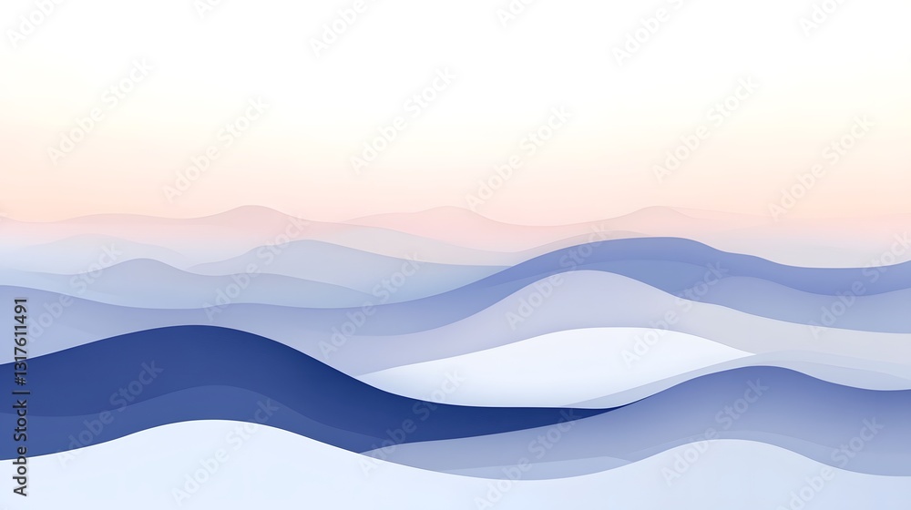 Poster an abstract image features layers of flowing, blue and white curves, creating a serene and minimalis