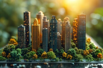 Obraz premium Golden hour cityscape miniature model, vibrant trees.