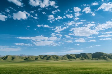 Obraz premium Vibrant Landscape of Rolling Green Mountains with Lush Vegetation and Blue Skies.