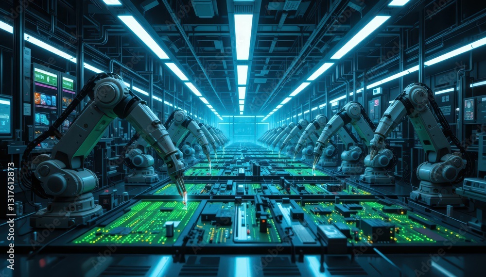 Poster futuristic factory with robots and circuit boards in a high-tech setting