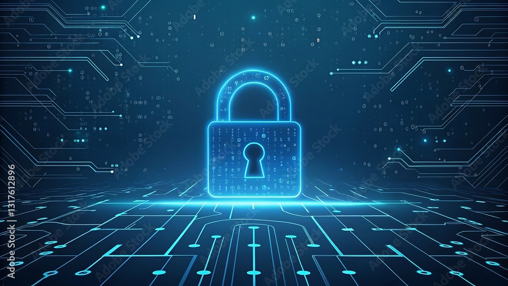 Poster secure digital future glowing padlock on circuit board network technology data protection safety