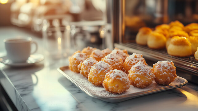 Venetian Bakery Delight &ndash; Golden Frittelle Veneziane Dusted with Sugar in a Cozy Caf&eacute; with Marble Counter and Morning Espresso, Perfect for Food Blogs and Caf&eacute;-Themed Designs