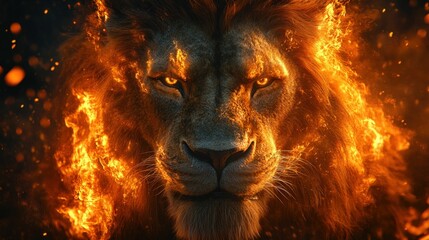 Naklejka premium Fiery lion portrait power intense majestic