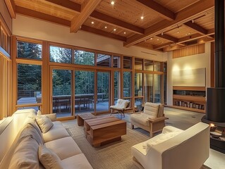 A modern living room with natural light and wooden accents