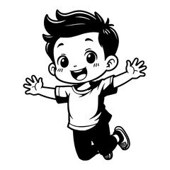 Cute Chibi Kawaii Little Boy Jumping with Open Arms in Joy Detailed Black and White Outline Line Art Drawing