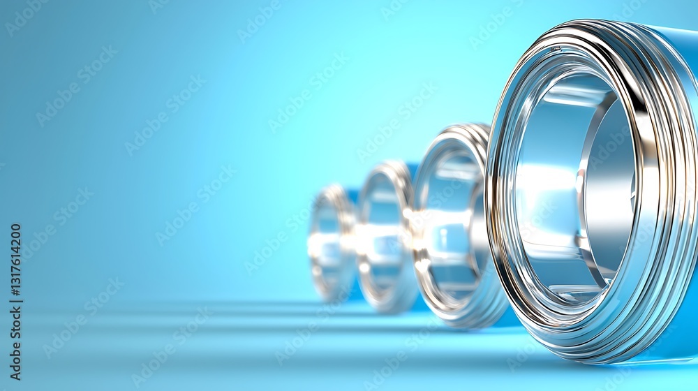 Aufkleber close-up view of shiny metal cylinder objects on a soft blue background with gradual focus effect