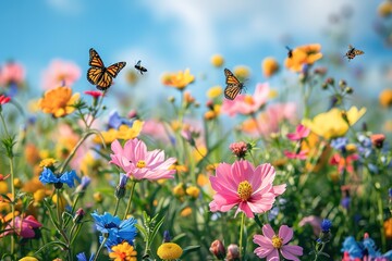 A vibrant spring garden with a variety of blooming flowers, buzzing bees, and butterflies flying between the petals