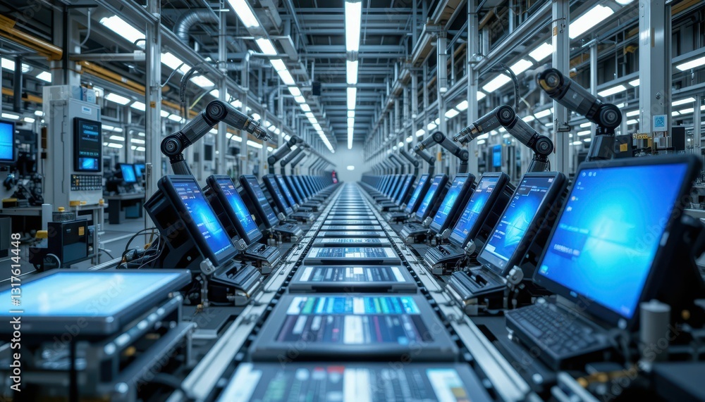 Poster advanced technology production line with multiple computers and robots