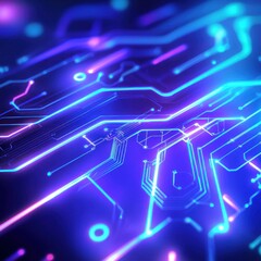 Neon circuit board pattern glows with purple and blue