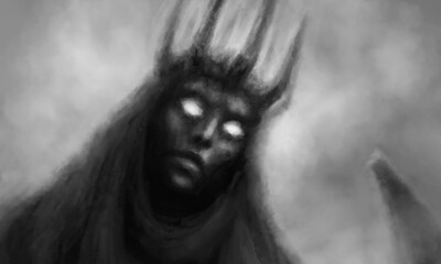 Dark goddess illustration. Beautiful gothic woman on fire. Spooky Halloween theme. Coal and noise effect.