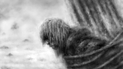 The prisoner is sitting by a tree. The gloomy nature of the wasteland and hopelessness. Dark fantasy illustration. Coal and noise effect.