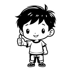 Fototapeta premium Cute Chibi Kawaii Little Boy with Thumbs Up Pose Smiling Adorable in Black and White Outline Line Art Drawing
