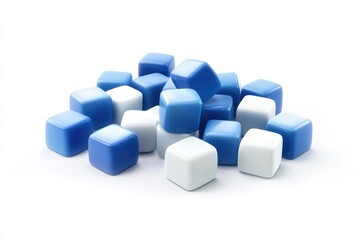 Pile of blue and white cubes on white background.