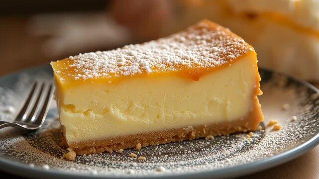  Creamy cheesecake with a graham cracker crust and dusted powdered sugar