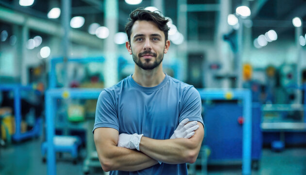 Confident industrial worker with protective glove in manufacturing facility. Blue t shirt technician with crossed arms stands amid production equipment. Modern factory professional in workspace