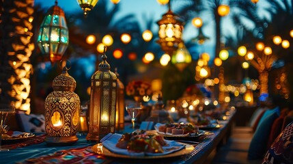 Obraz premium A festive Eid celebration scene with colorful hanging lanterns