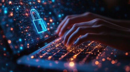 Hands typing, digital lock glowing on screen.