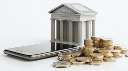 A smartphone rests beside a stack of coins and a miniature bank building, symbolizing digital finance and savings