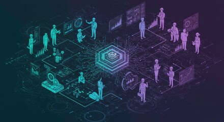 Isometric Illustration of Workers Connected by a Centralized Digital Network System