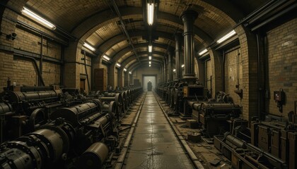 Obraz premium Abandoned Industrial Hallway with Machinery and Dim Lighting