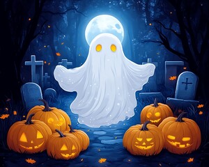 A friendly ghost surrounded by pumpkins in a spooky cemetery scene