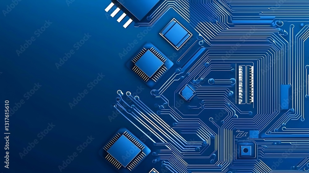 Poster abstract blue circuit board design with digital microchips and lines on a modern technology backgrou