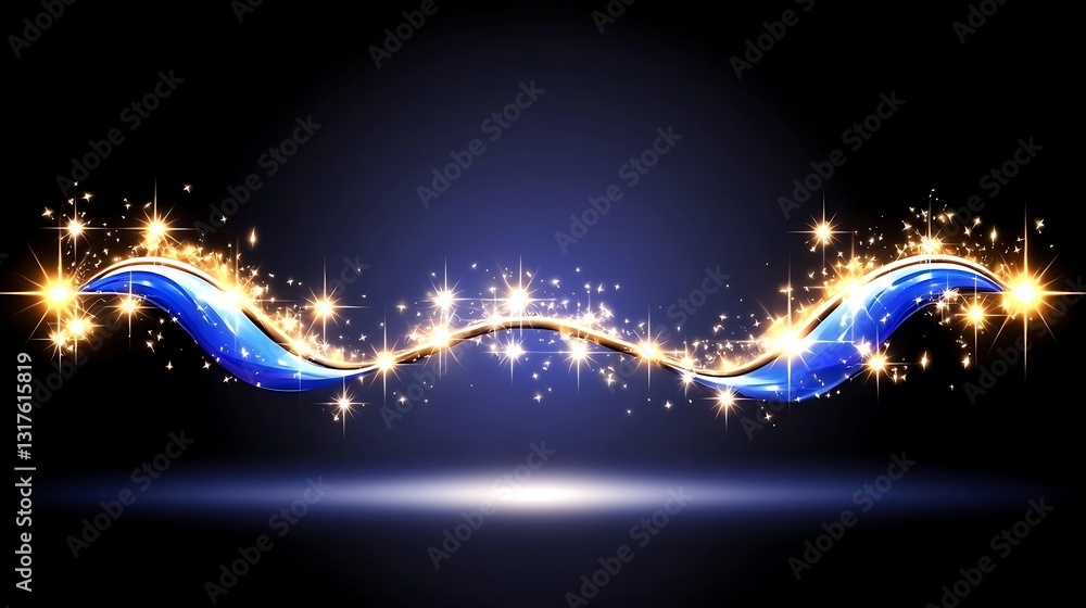 Poster sparkling blue waves with glowing stars on dark background for graphics and creative design projects