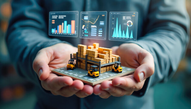 Hands holding warehouse with yellow forklifts and stacked boxes while digital analytics dashboards hover above. Supply chain management metrics with inventory statistics in holographic