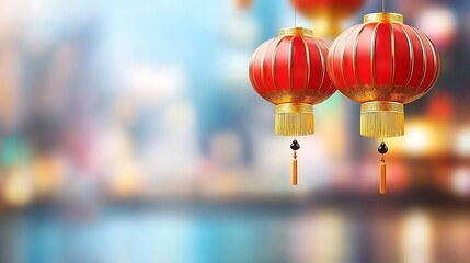 Obraz premium Traditional Red Lanterns Against a Colorful Background with Blurred City Lights for Festive Celebrations