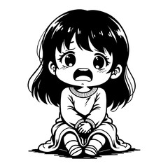 Obraz premium Kawaii Little Girl Crying Sitting Pose Cute Chibi Black and White Outline Line Art Drawing Style
