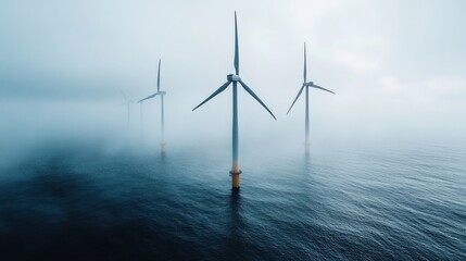 Wind turbines stand tall in misty waters, showcasing renewable energy in a serene ocean setting