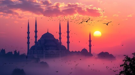 Fototapeta premium A breathtaking silhouette of a mosque at sunrise 