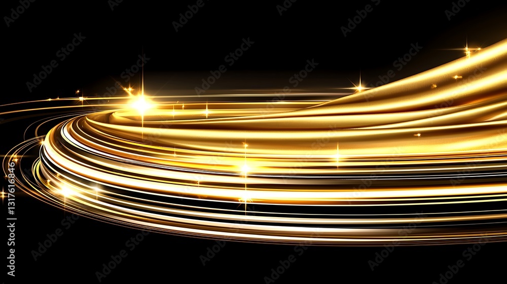 Poster shimmering gold waves with sparkling light effects on a dark background for elegant design projects