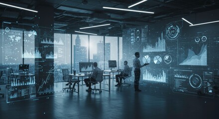 Business Team Analyzing Data on Holographic Displays in Modern Office