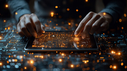 Person interacting with glowing circuit board tablet