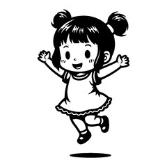 Cute Chibi Kawaii Little Girl in Jumping Pose Cartoon Style Black and White Outline Line Art Drawing