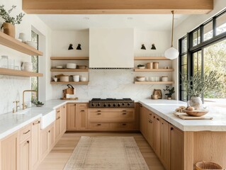 A bright modern kitchen with wooden cabinets and open shelving