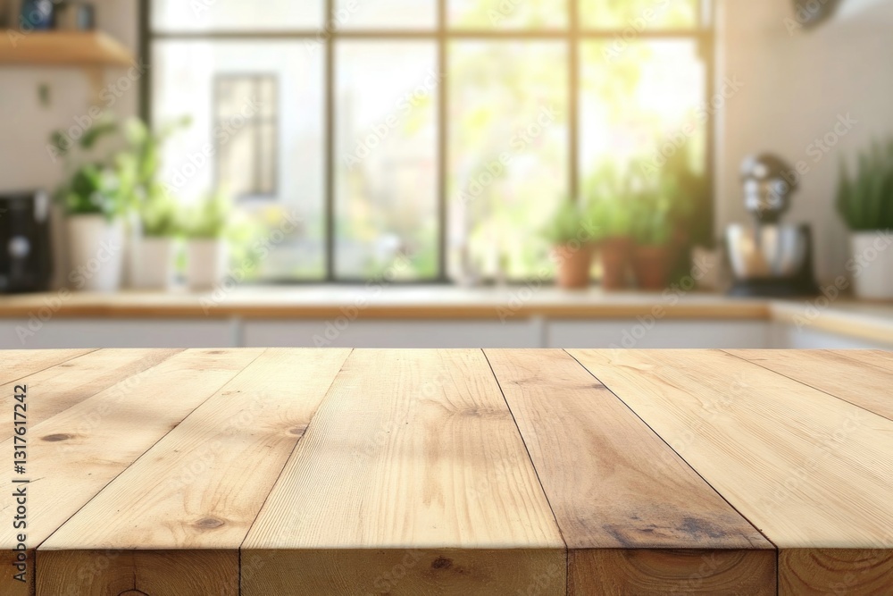 Poster empty wood table top view for product display montage on blur kitchen counter and wide window backgr