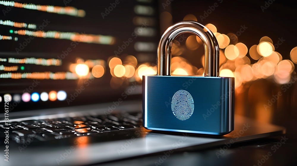 Poster security lock with fingerprint design on laptop keyboard in modern digital workspace